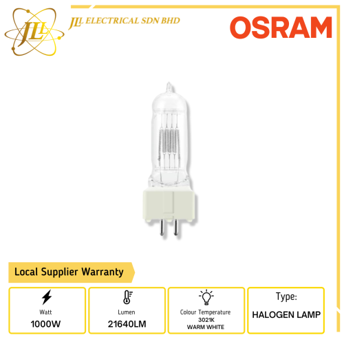 OSRAM 64744 T19 1000W 240V 21640LM GX9.5 3021K WARM WHITE HALOGEN STUDIO  LAMP Kuala Lumpur (KL), Selangor, Malaysia Supplier, Supply, Supplies,  Distributor | JLL Electrical Sdn Bhd