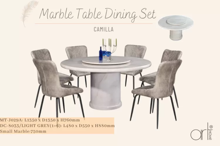 CAMILLA MARBLE DINING SET 1+6 (MT-J029A +DC-8033[LIGHT GREY])