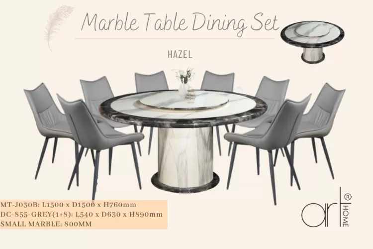 HAZEL MARBLE DINING SET 1+8 (MT-J030B +DC-855[GREY])