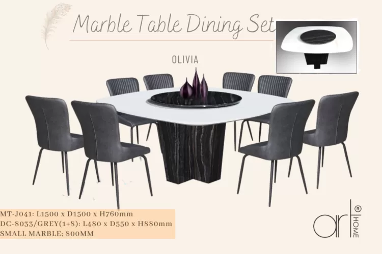 OLIVIA MARBLE DINING SET 1+8 (MT-J041 +DC-8033[GREY])