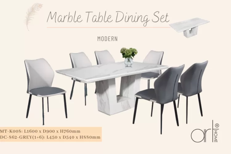 MODERN MARBLE DINING SET 1+6 (MT-K008+DC-862 [GREY])