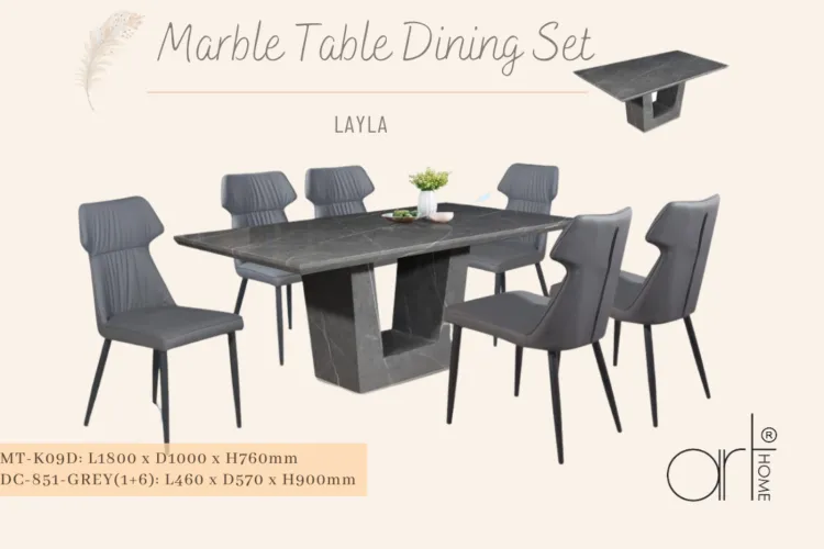 LAYLA MARBLE DINING SET 1+6 (MT-K09D+DC-851[GREY])