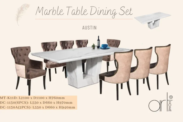 AUSTIN MARBLE DINING SET 1+8 (MT-K11D +DC-1130(6PCS)+DC-1130A(2PCS))