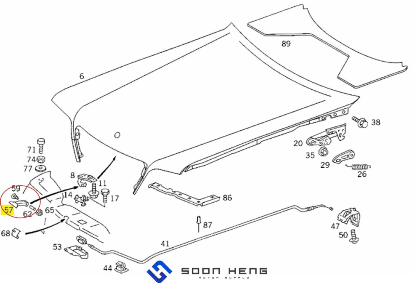 Mercedes-Benz W124, C124 and S124 - Engine Hood Release Handle/ Safety Hook (Original MB)