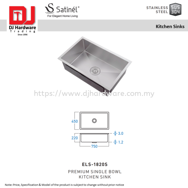 SATINEL FOR ELEGANT HOME LIVING STAINLESS STEEL STAINLESS STEEL SUS 304 KITCHEN SINKS PREMIUM SINGLE BOWL KITCHEN SINK ELS 1820S (OEL) SINKS KITCHEN KITCHEN & BATHROOM Selangor, Malaysia, Kuala Lumpur (KL), Sungai Buloh Supplier, Suppliers, Supply, Supplies | DJ Hardware Trading (M) Sdn Bhd