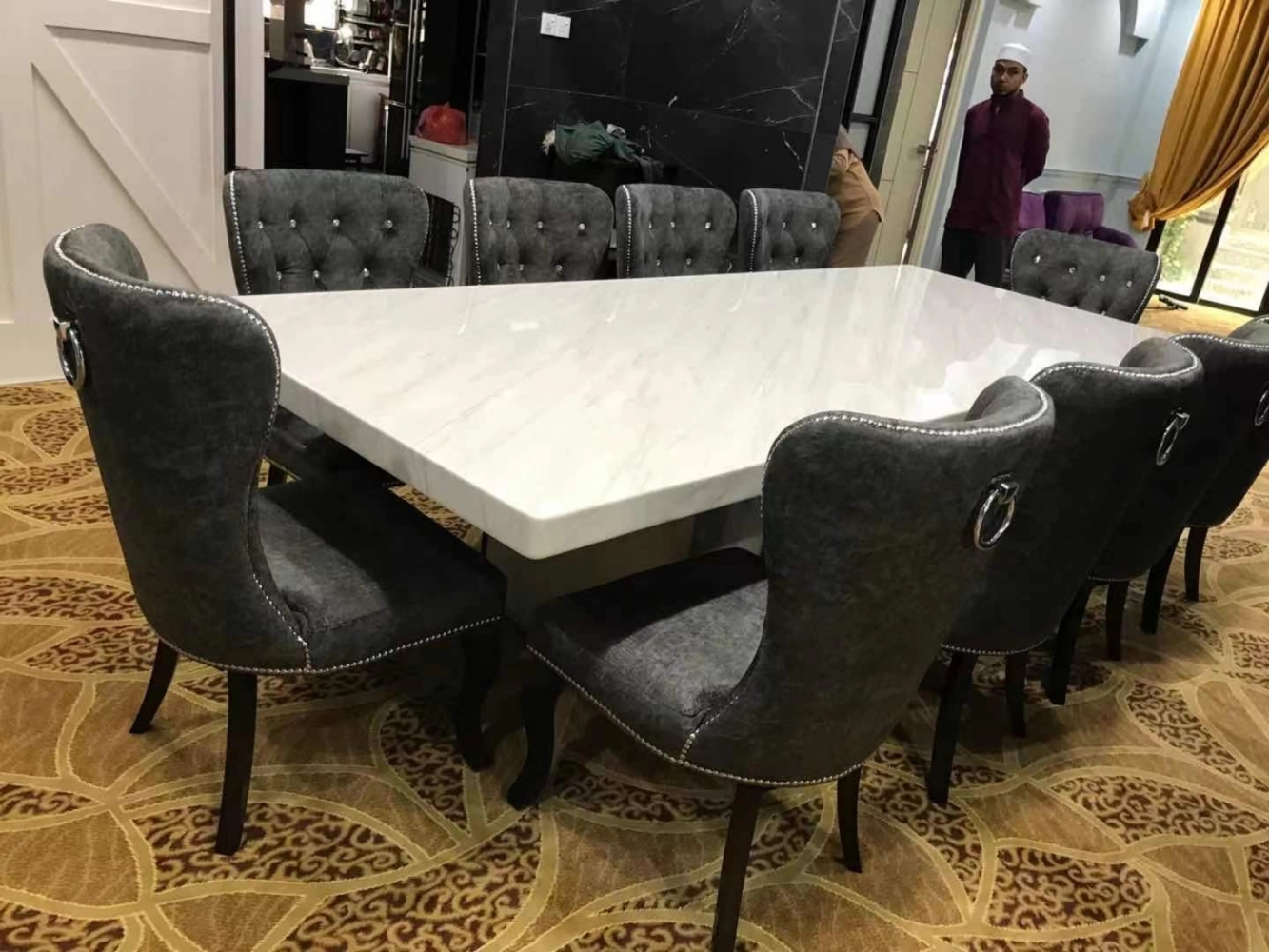 10 ft Customade Marble Dinning Table Penang with Chairs