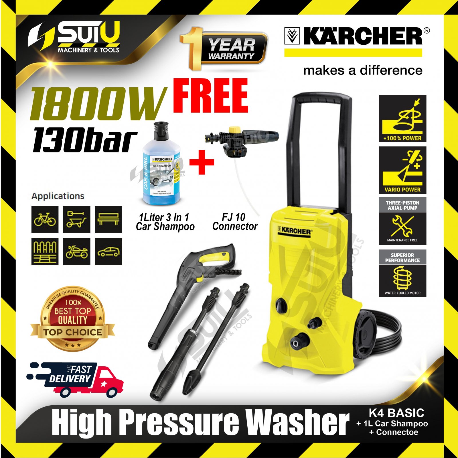 KARCHER K4 Basic 130bar High Pressure Washer 1800W FOC 1L Car Shampoo & FJ 10 Connector