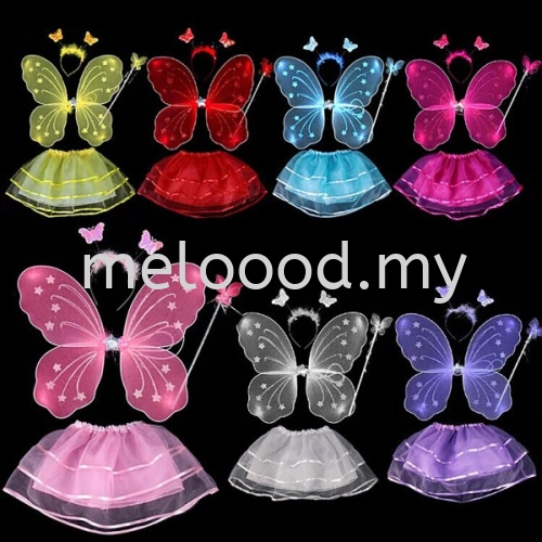 4Pcs Girls Party Fairy Costume Butterfly Wand Wings Tutu Skirts
