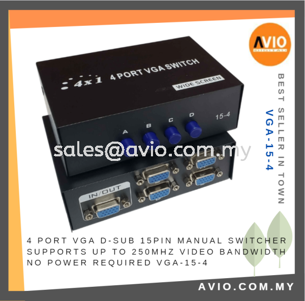 4 Port VGA D-Sub 15Pin Manual Switch Switcher up to 250MHz Video Bandwidth No Power Required VGA-15-4 CCTV ACCESSORIES AVIO Johor Bahru (JB), Kempas, Johor Jaya Supplier, Suppliers, Supply, Supplies | Avio Digital