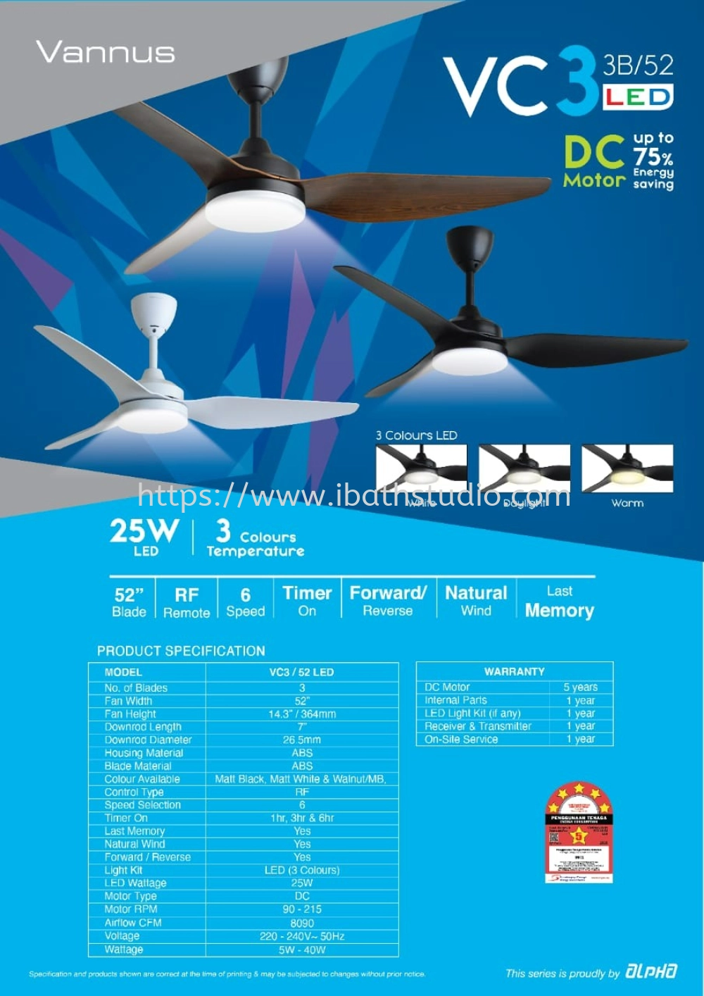 ALPHA VC3 3B/52 CEILING FAN