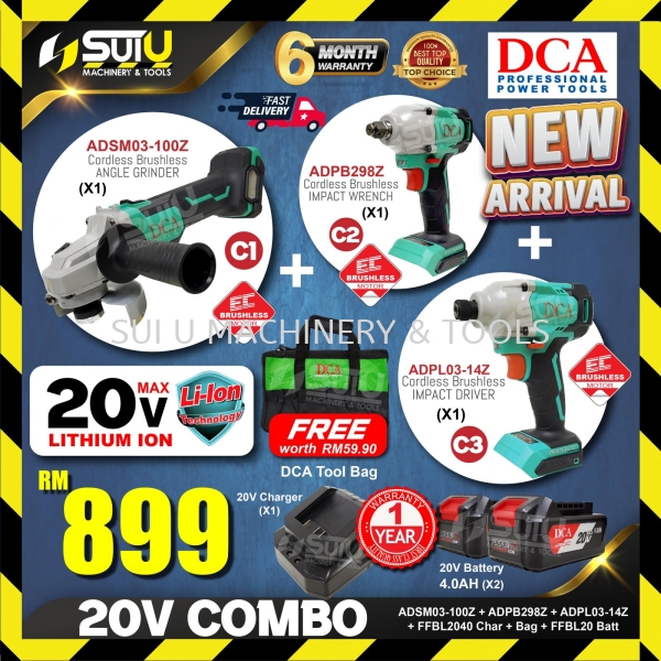 DCA 20V CORDLESS BRUSHLESS COMBO ADSM03-100 + ADPB298 + ADPL03-14 + 2 x Batteries 4.0Ah + 1 x Charger + 1 x Tool Bag Package Series Power Tool Kuala Lumpur (KL), Malaysia, Selangor, Setapak Supplier, Suppliers, Supply, Supplies | Sui U Machinery & Tools (M) Sdn Bhd