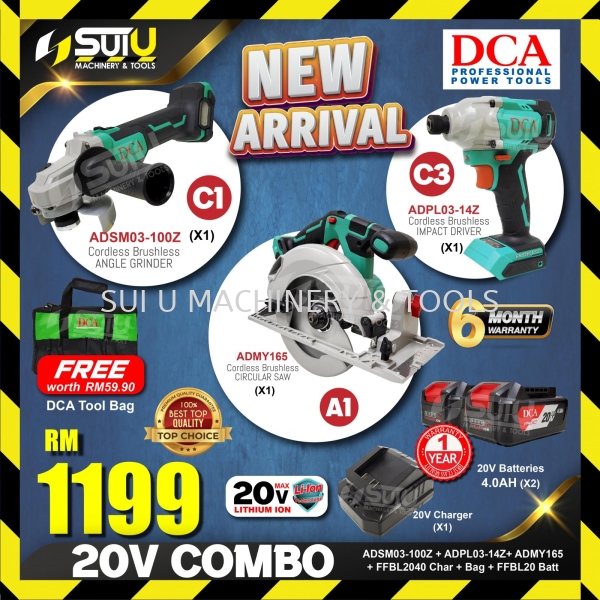 DCA 20V CORDLESS BRUSHLESS COMBO ADMY165 + ADSM03-100 + ADPL03-14 + 2 x Batteries 4.0Ah + 1 x Charger + Tool Bag Package Series Power Tool Kuala Lumpur (KL), Malaysia, Selangor, Setapak Supplier, Suppliers, Supply, Supplies | Sui U Machinery & Tools (M) Sdn Bhd