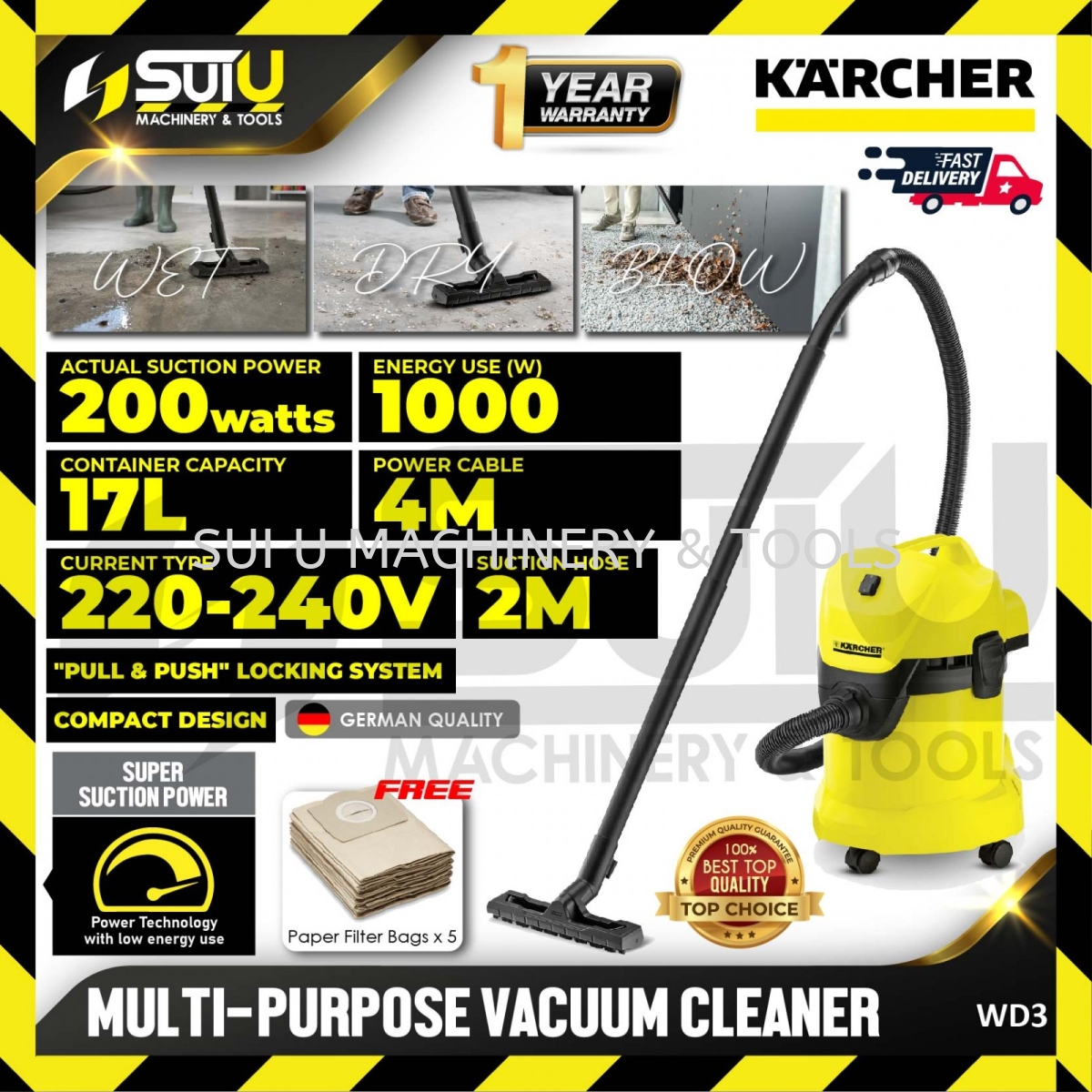 KARCHER WD3 17L Multi-Purpose Vacuum Cleaner 1000W w/ FOC 5PCS Paper Filter  Bags Vacuum Cleaner