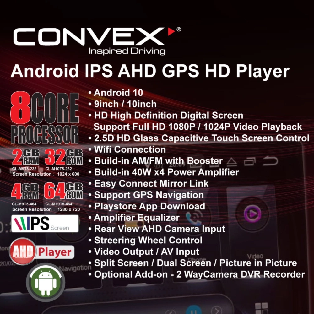 【Free AHD Camera】Convex Special Edition Android Big Screen IPS AHD GPS HD 1280x720p Player