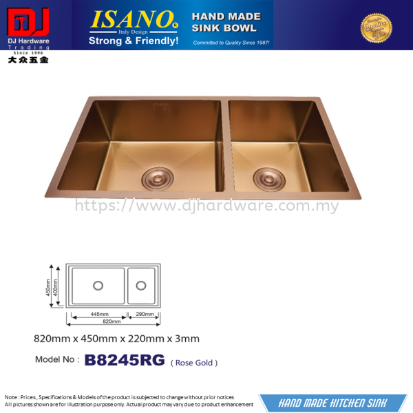 ISANO HAND MADE SINK BOWL 820MM X 450MM X 220MM X 3MM ROSE GOLD B8245RG (CL) SINKS KITCHEN KITCHEN & BATHROOM Selangor, Malaysia, Kuala Lumpur (KL), Sungai Buloh Supplier, Suppliers, Supply, Supplies | DJ Hardware Trading (M) Sdn Bhd