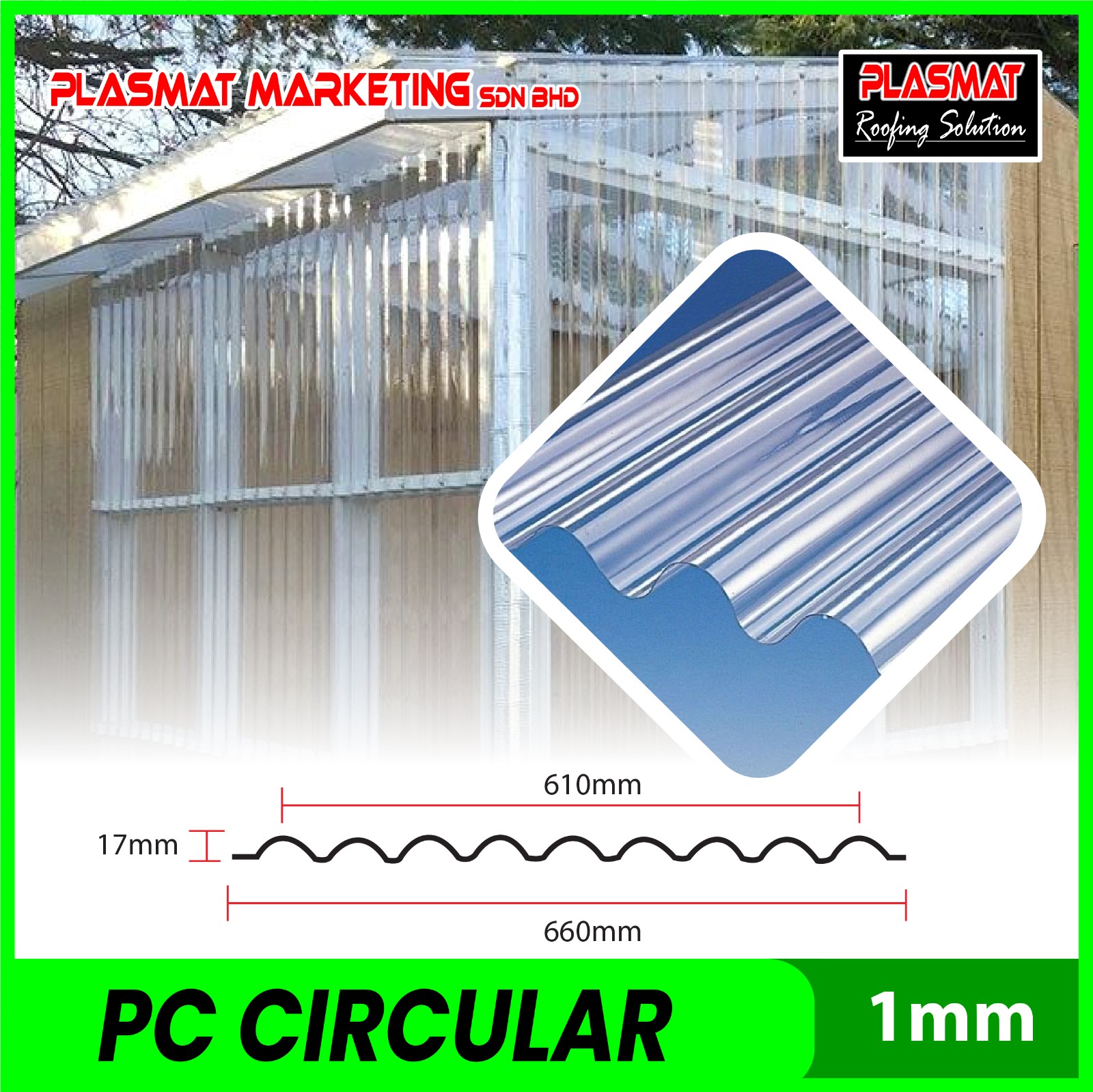 POLYCARBONATE CORRUGATED CIRCULAR ROOFING SHEET 1mm