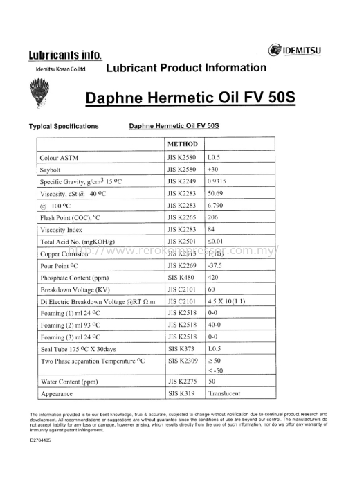 IDEMITSU LUBRICANT OIL FV 50S
