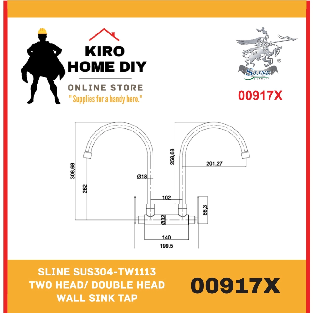 SLINE SUS304-TW1113 Two head/ Double Head Wall Sink Tap - 00917X