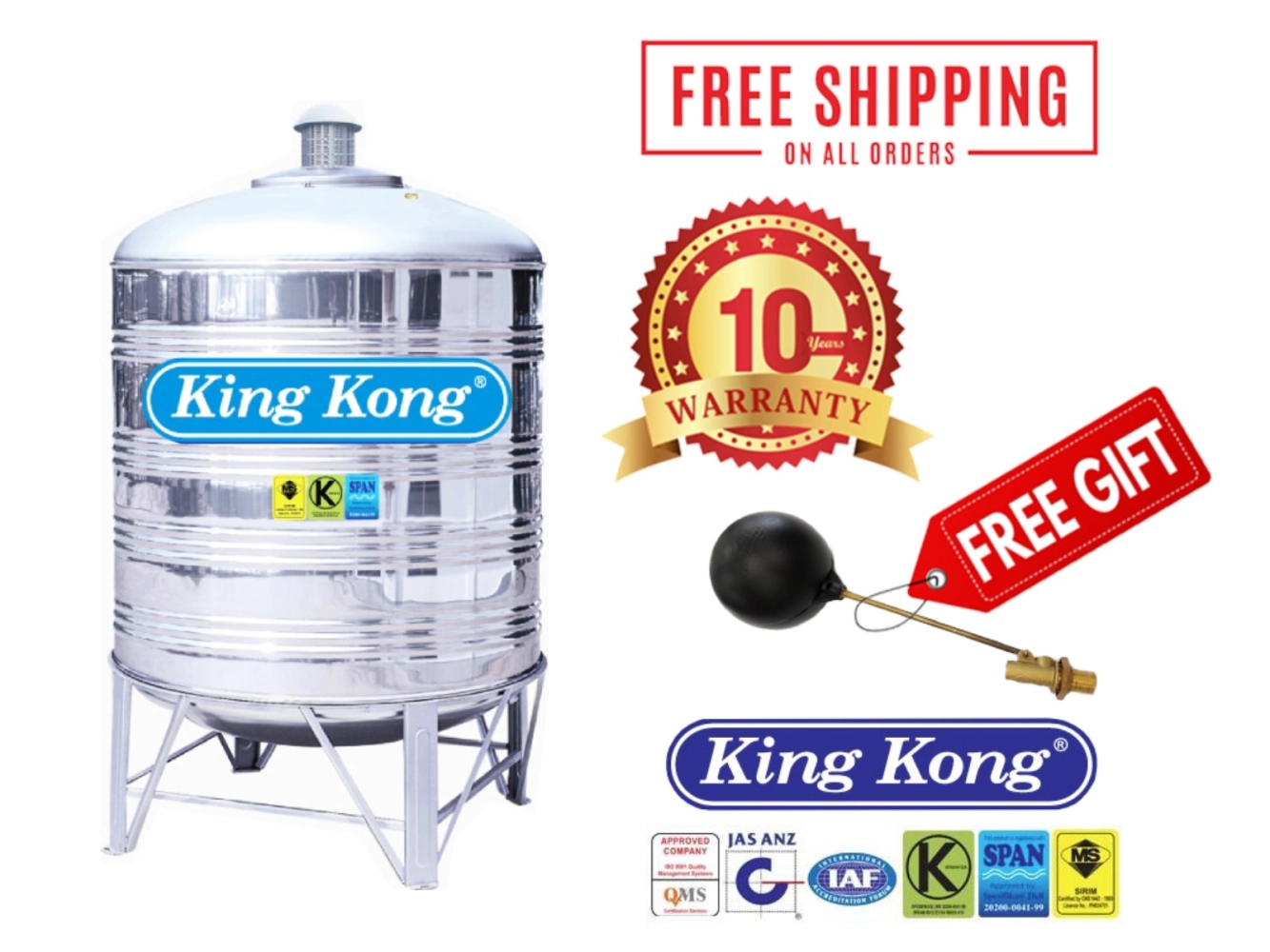 King Kong Stainless Steel (304-BA) KR Series Water Tank Vertical Round Bottom With Stand (FREE Brass Float Valve)