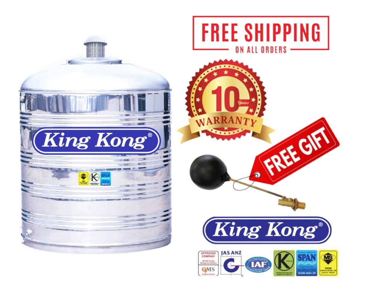 King Kong Stainless Steel (304-BA) HS Series Water Tank Vertical Flat Bottom Without Stand (FREE Brass Float Valve)