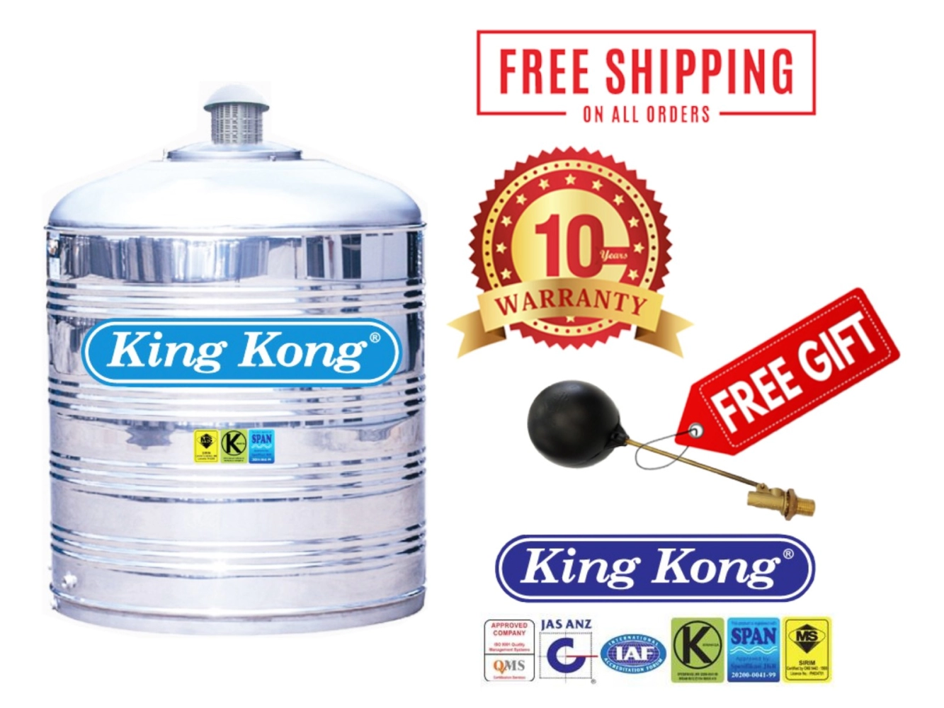 King Kong Stainless Steel (304-BA) KS Series Water Tank Vertical Flat Bottom Without Stand (FREE Brass Float Valve)