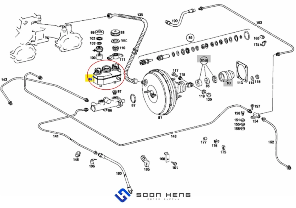 Mercedes-Benz R107, W108, W109, W111, W113, W114, W115 and W116, - Brake Reservoir with Three Chamber (ATE)