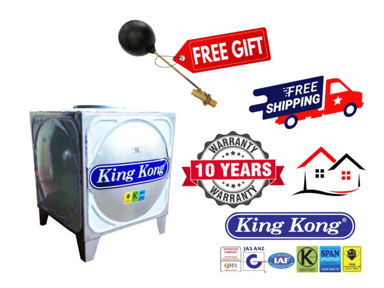 King Kong Stainless Steel (304-BA) SQ Series Water Tank Vertical With Stand (FREE Brass Float Valve)