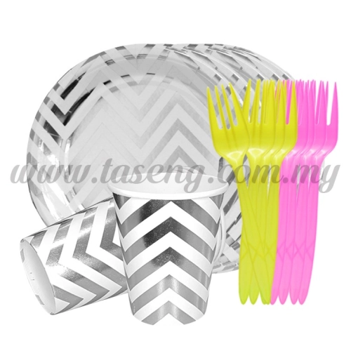 7inch Round ZigZag Paper Plate & Cup with Fork 10pcs *Silver (P-7R-ZZPC-SI)