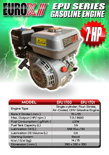 EuroX EPU1700/EPU1701 Gasoline Engine - Single Cylinder,4-Stroke Air-Cooled, OHV Gasoline Engine