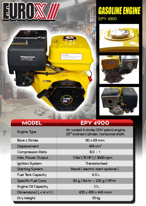 EuroX EPY4900 Gasoline Engine - 15hp ,4-stroke Air-Cooled OHV Gasoline Engine