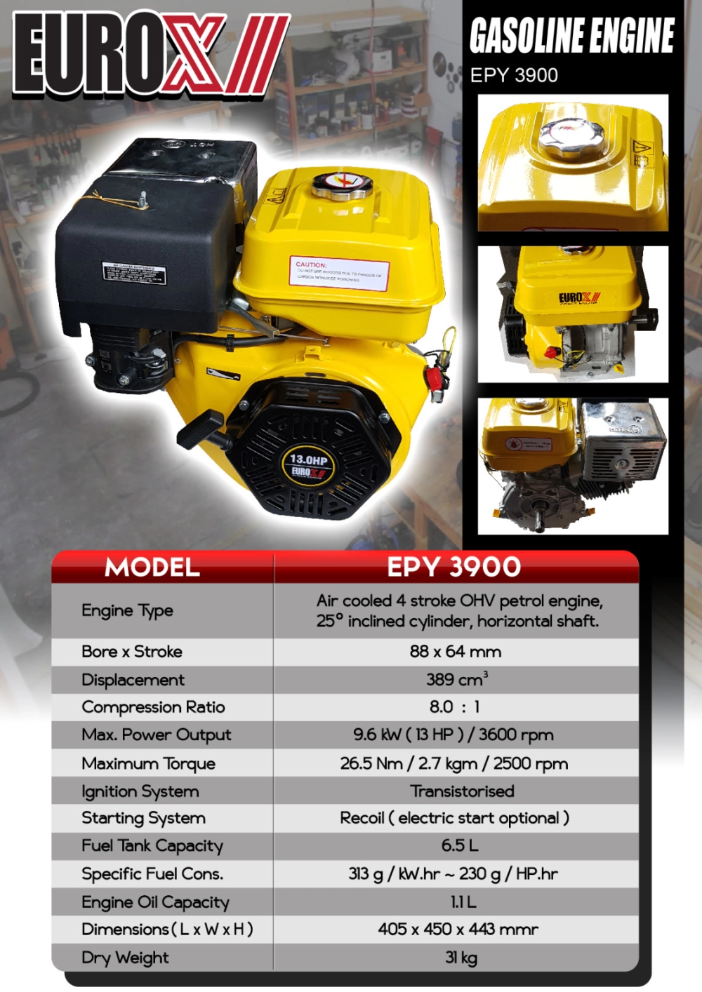 EuroX EPY3900 Gasoline Engine - 13hp ,4-Stroke OHV Air-Cooled Gasoline Engine