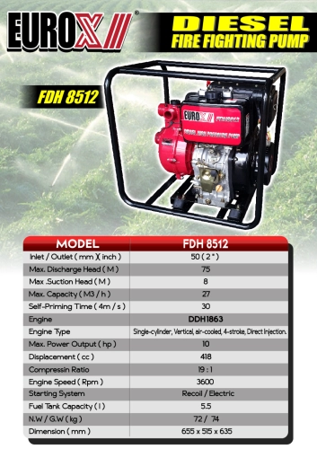 EuroX FDH8512 2“ Fire Fighting Pump - Single Cylider , 4-Stroke Vertical Air-Cooled Engine- Max. Discharged Head:75 Mtr.