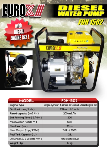 EuroX FDH1502 6" Diesel Water Pump - Single Cylinder, 4-Stroke Air-Cooled Engine 192 - Max.Head - 30mtr