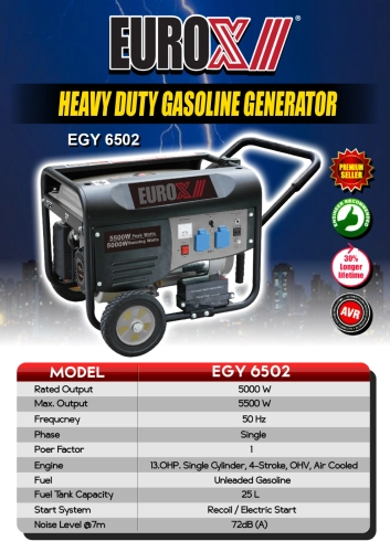 EUROX EGY6502 PETROL GENERATOR C/W WHEEL & ELEC.START (5KW)