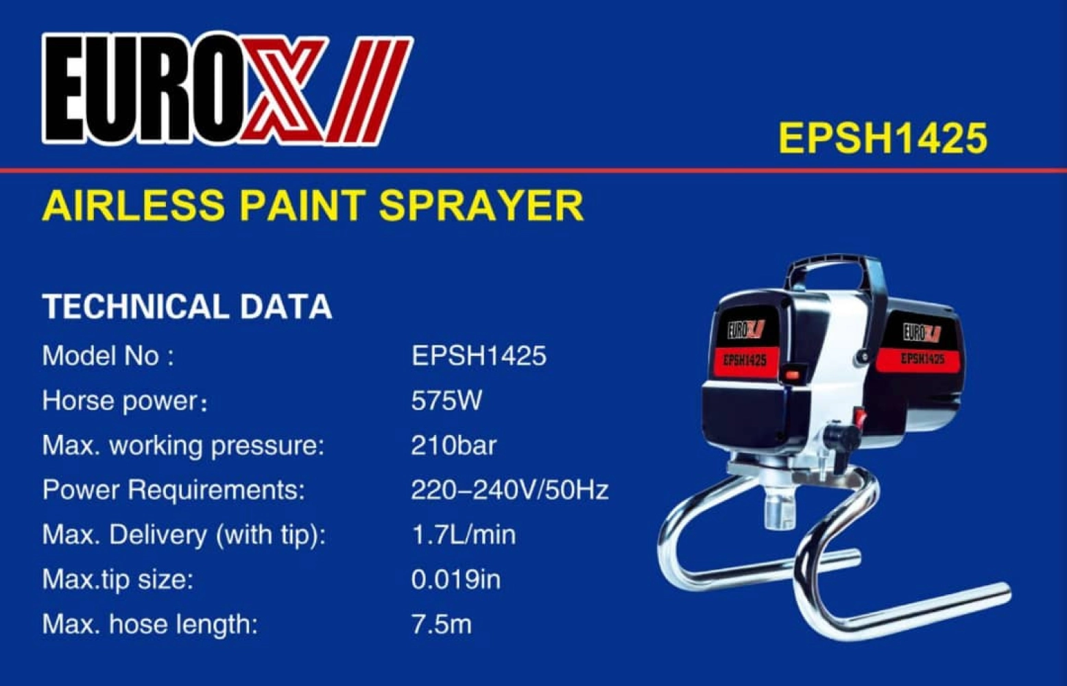 EuroX EPSH1425 AIRLESS PAINT SPRAYER (575W) C/W 7.5MTR HOSE