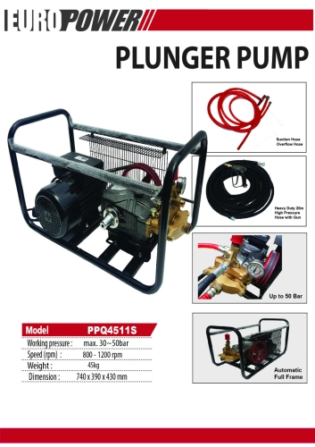 EUROPOWER PPQ4511S AUTO SPRAYER PUMP C/W 3HP MOTOR, BLACK FRAME ,20M HIGH PRESSURE HOSE & PRESSURE GUN