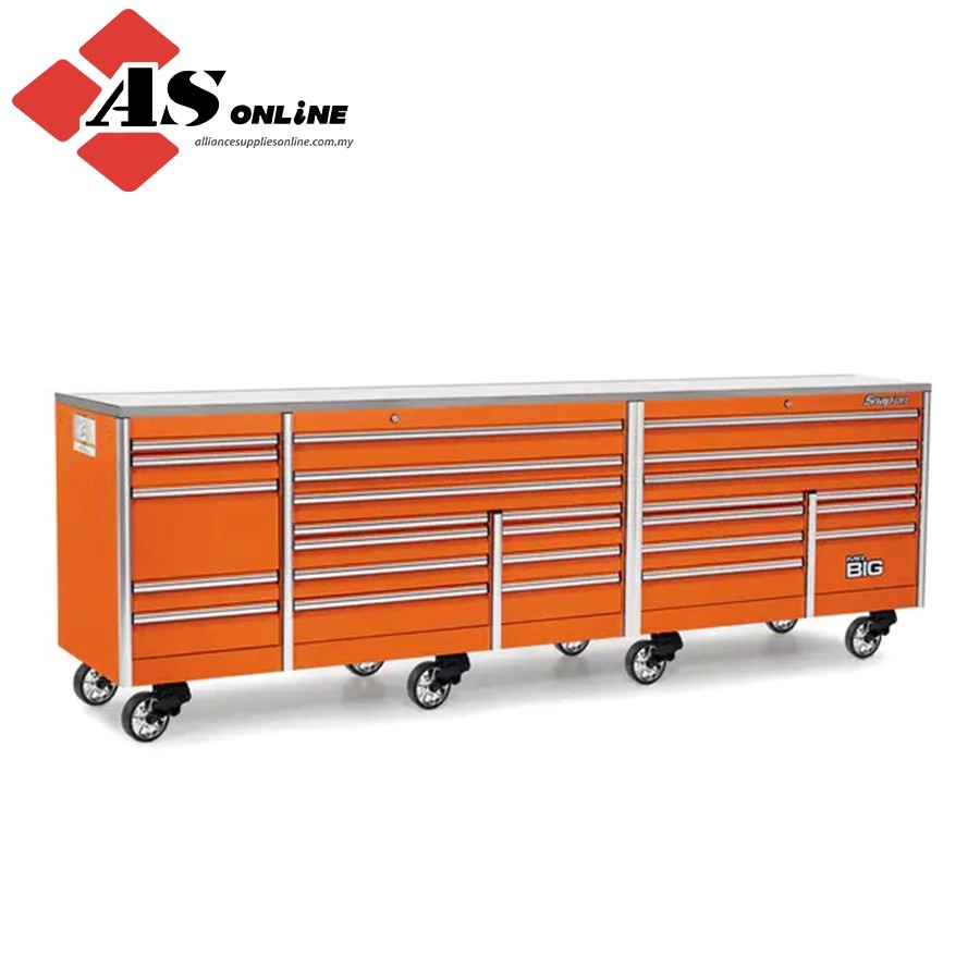 SNAP-ON 144" 26 Drawer Five Bank EPIQ Series Stainless Steel Top Roll Cab with PowerDrawer (Electric Orange) / Model: KEXP725D1PJK