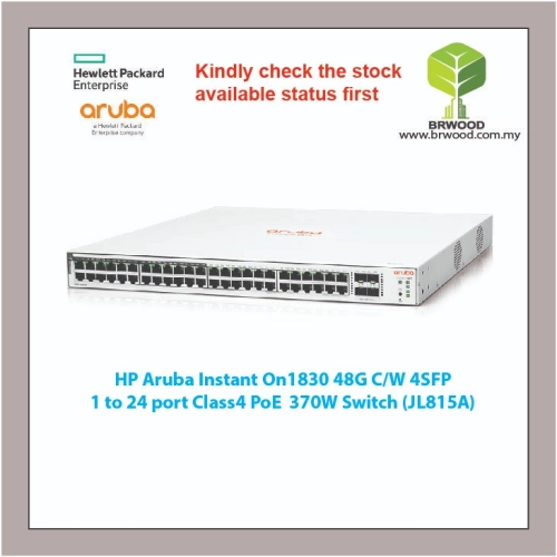 HP ARUBA JL815A: INSTANT ON 1830 48G C/W 4SFP 370W POE SWITCH (PORT 1 TO 24 CLASS 4 POE)