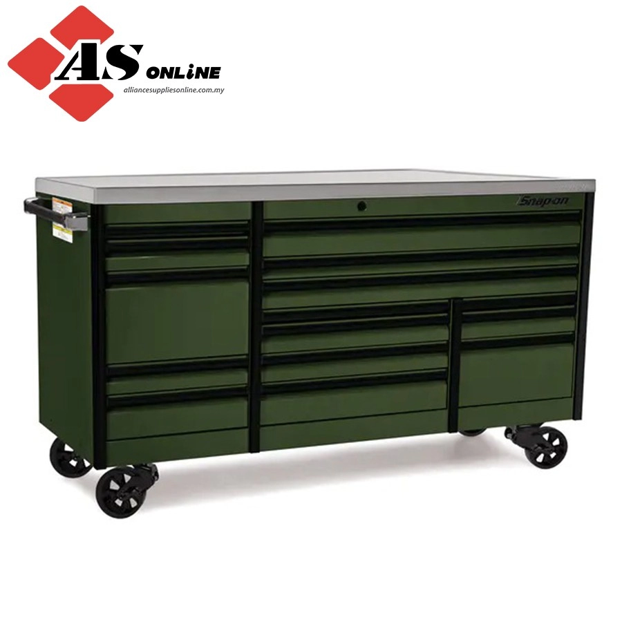 SNAP-ON 84" 15-Drawer Triple-Bank EPIQ Series Stainless Steel Top Roll Cab with PowerDrawer (Combat Green with Black Trim and Blackout Details) / Model: KETP843C1PZR