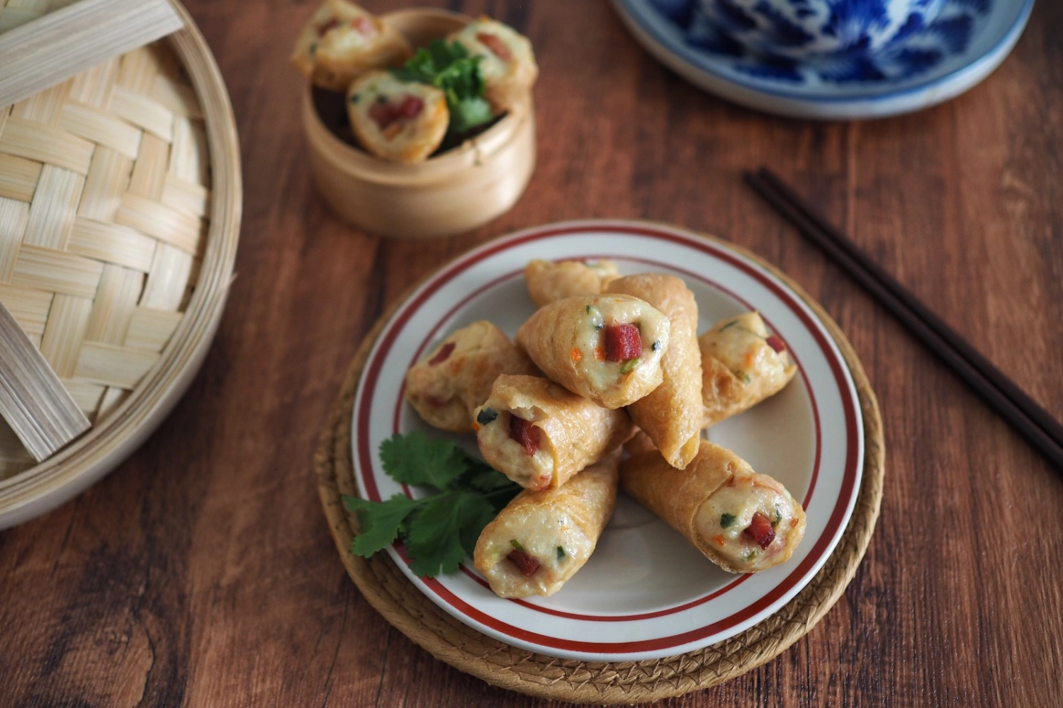 Tofu Puff Skin With Smoked Duck & Chicken Paste Rolls 烟鸭筒 (蒸/炸)