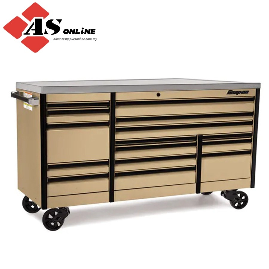 SNAP-ON 84" 15-Drawer Triple-Bank EPIQ Series Stainless Steel Top Roll Cab with PowerDrawer (Combat Tan with Black Trim and Blackout Details) / Model: 