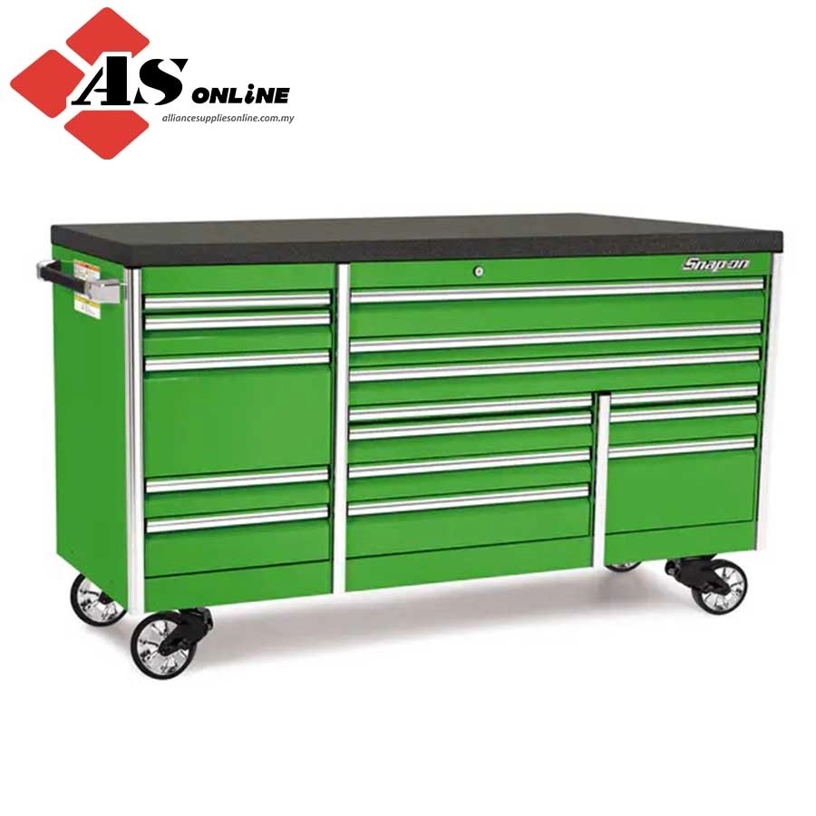 SNAP-ON 84" 15-Drawer Triple-Bank EPIQ Series Bed Liner Top Roll Cab with PowerDrawer (Extreme Green) / Model: KETP843C7PJJ