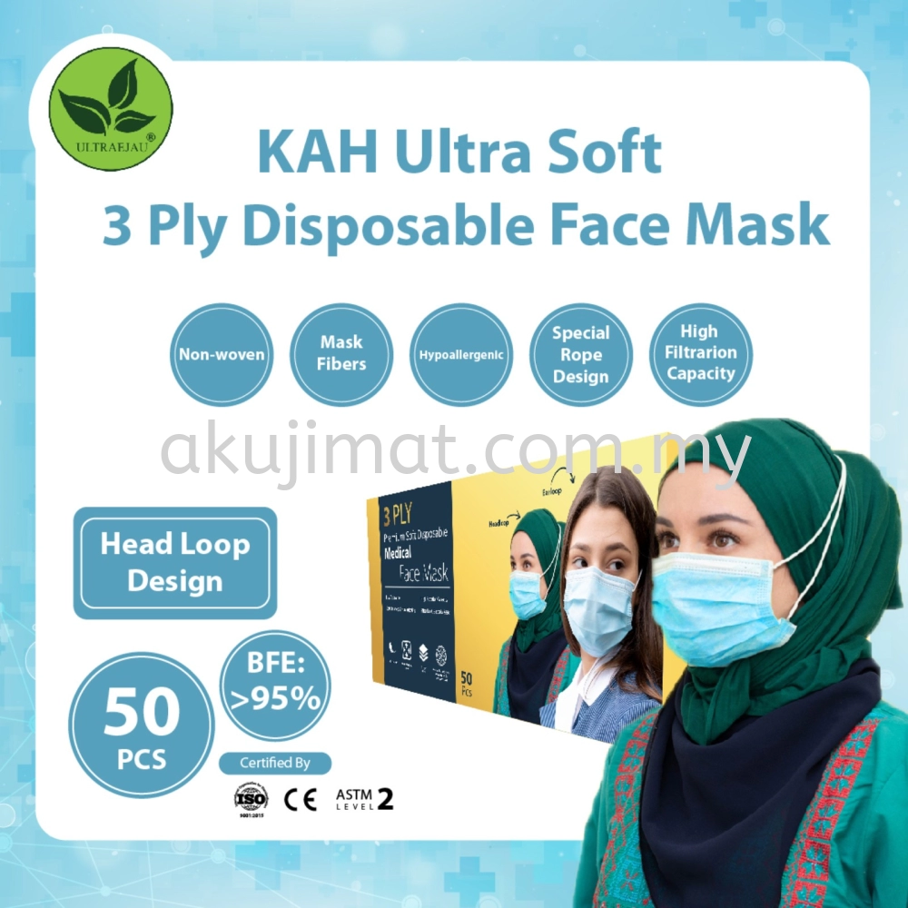 KAH 3 Ply Premium Soft Disposable Face Mask Headloop Design @ BFE95%