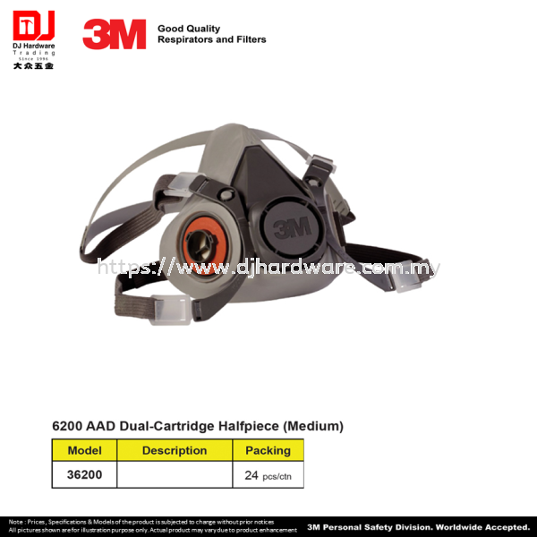 3M GOOD QUALITY RESPIRATORS FLITERS 6200 AAD DUAL CARTRIDGE HALFPIECE MEDIUM 36200 (CL) SAFETY ACCESSORY EQUIPMENT TOOLS & EQUIPMENTS Selangor, Malaysia, Kuala Lumpur (KL), Sungai Buloh Supplier, Suppliers, Supply, Supplies | DJ Hardware Trading (M) Sdn Bhd