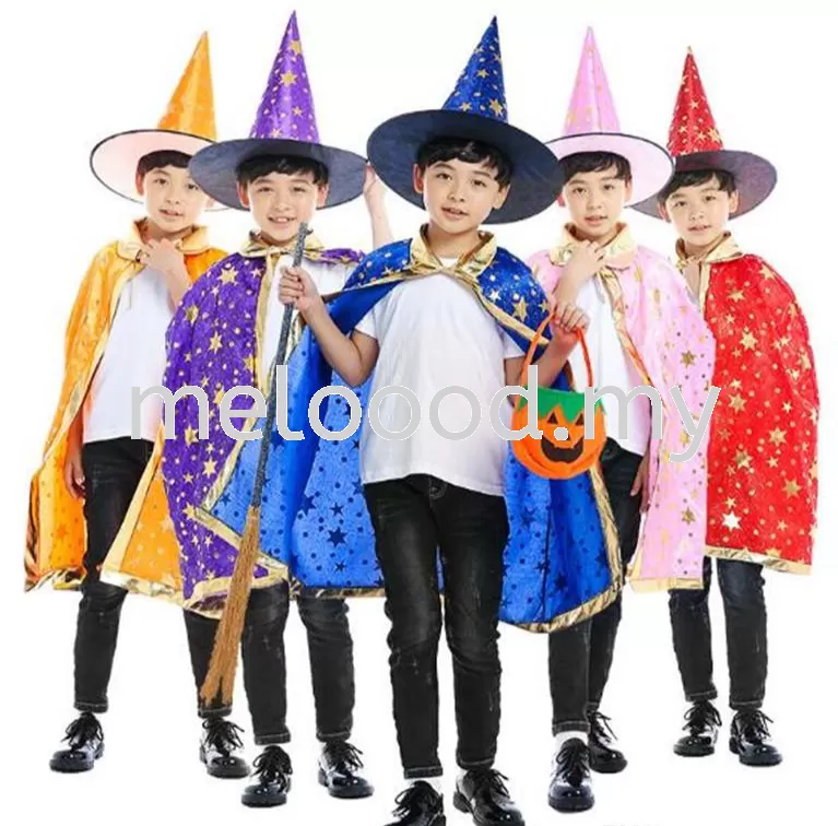 Children Halloween Costumes Wizard Witch Cloak Cape Robe (Free A Hat)