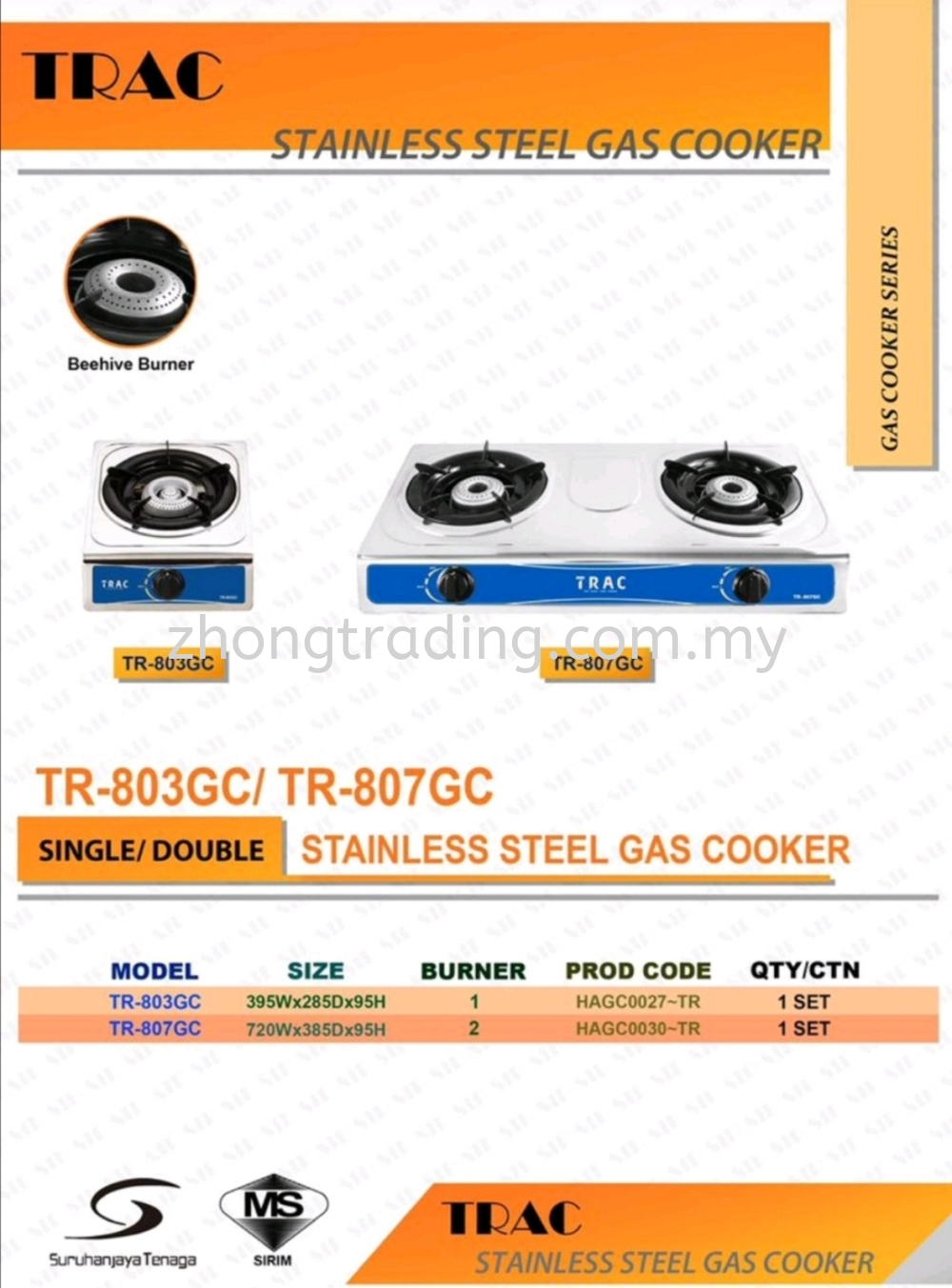 Trac Single Gas Stove ( Stainless Steel) with sirim 