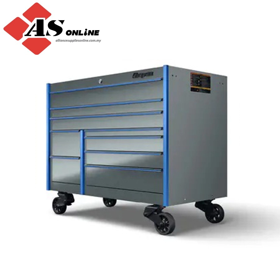 SNAP-ON 54" Nine-Drawer Double-Bank Masters Series Roll Cab with PowerDrawer and SpeeDrawer (Storm Gray with Sky Blue Trim and Blackout Details) / Model: KMP1022APYC
