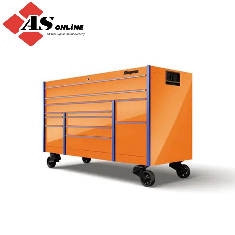 SNAP-ON 72" 12-Drawer Triple-Bank Masters Series Roll Cab with PowerDrawer and SpeeDrawer (Electric Orange with Sky Blue Trim and Blackout Details) / Model: KMP1033BPX