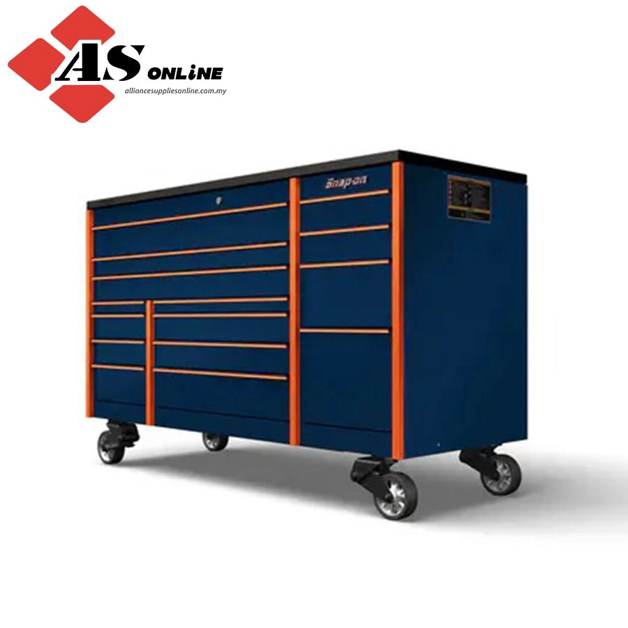 SNAP-ON 72" 14-Drawer Triple-Bank Masters Series Bed Liner Top Roll Cab with PowerDrawer and SpeeDrawer (Midnight Blue with Orange Valor Trim and Blackout Details) / Model: KMP1023PZZ7