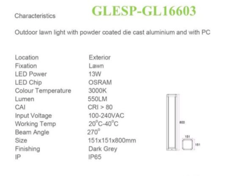 DESS GLESP-GL16603 LED OUTDOOR BOLLARD LIGHT 13W 550LM 270D IP65 3000K WARM WHITE 